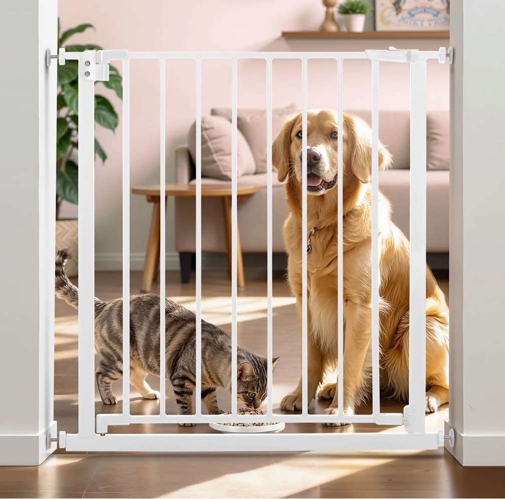Pet Gate, Caveen 29.5''-32.2''Dog Gates for Stairs & Doorways, Gate for Ages 6 to 36 Months, White