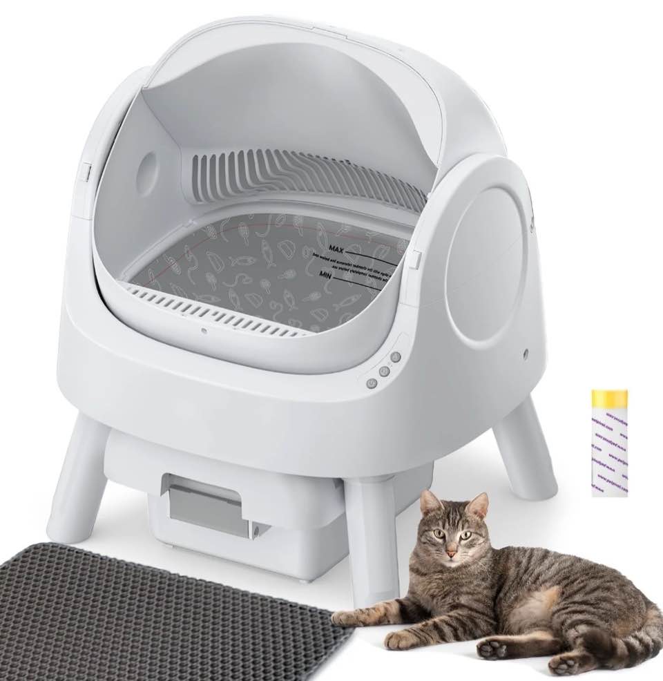 PetPivot Large Open-Top Automatic Cat Litter Box Self Cleaning with Safety Protection, Mat and Trash Bags Included, White