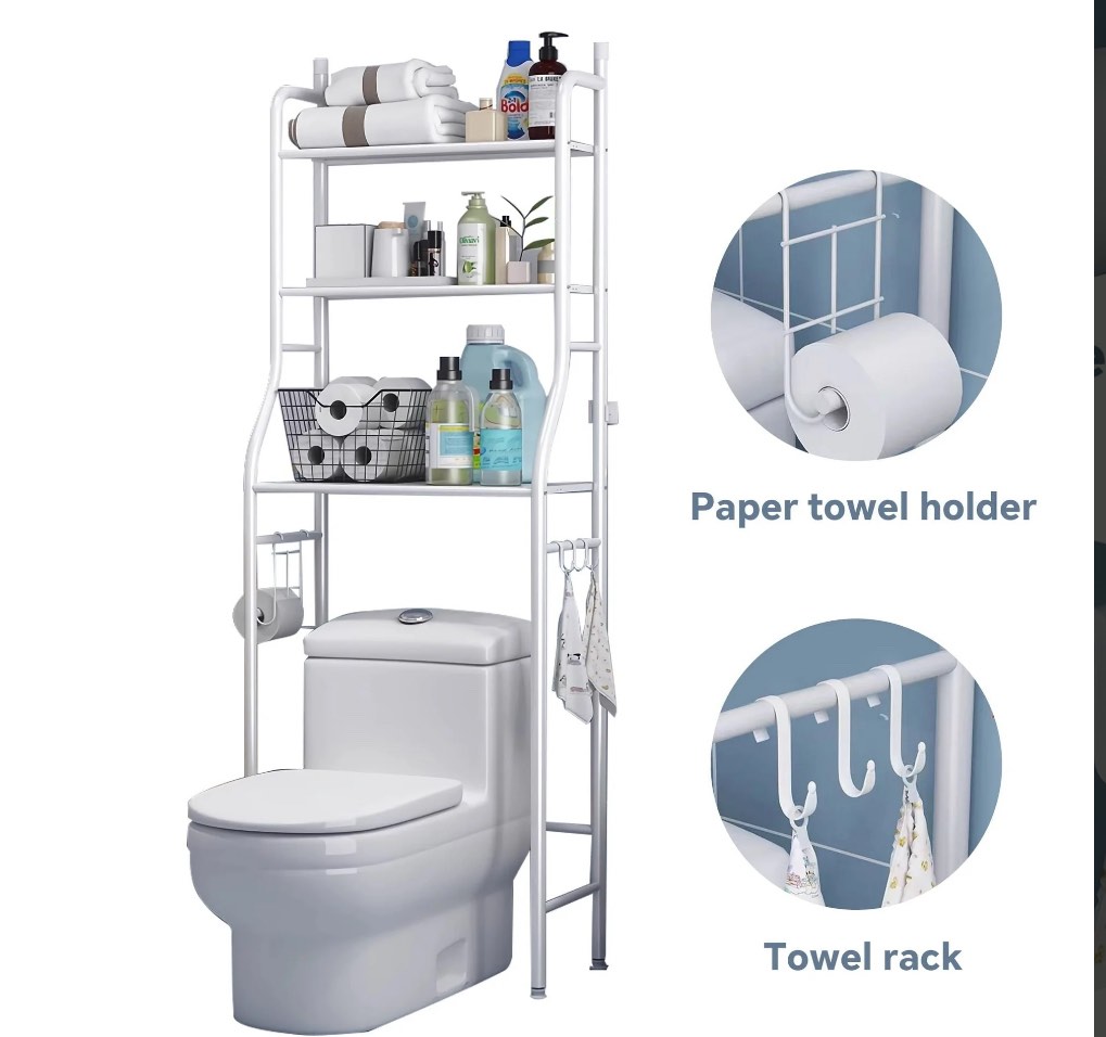 HioHa over the Toilet Storage Rack, 3-Tier Bathroom Shelf Organizer, Space Saver Corner Stand for Towels & Toiletries, 22" Wide, Metal Frame, White