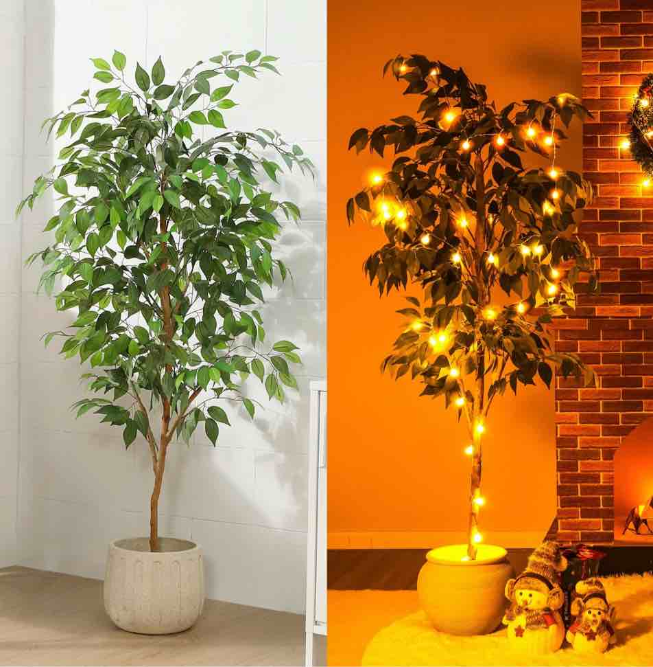 5FT Artificial Ficus Tree with Natural Wood Trunk and Lifelike Leaves, Silk Fake Potted Tree with Wood Branches, Faux Tree for Office Home Decor