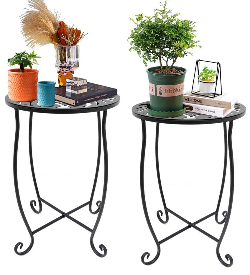 2 Pack Indoor Outdoor Side Tables, Weather Resistant Metal Patio Side Table, Small Round Outdoor End Table Side Table for Patio Yard Porch Balcony Garden Bedside, Plant Stand for Indoor Outdoor