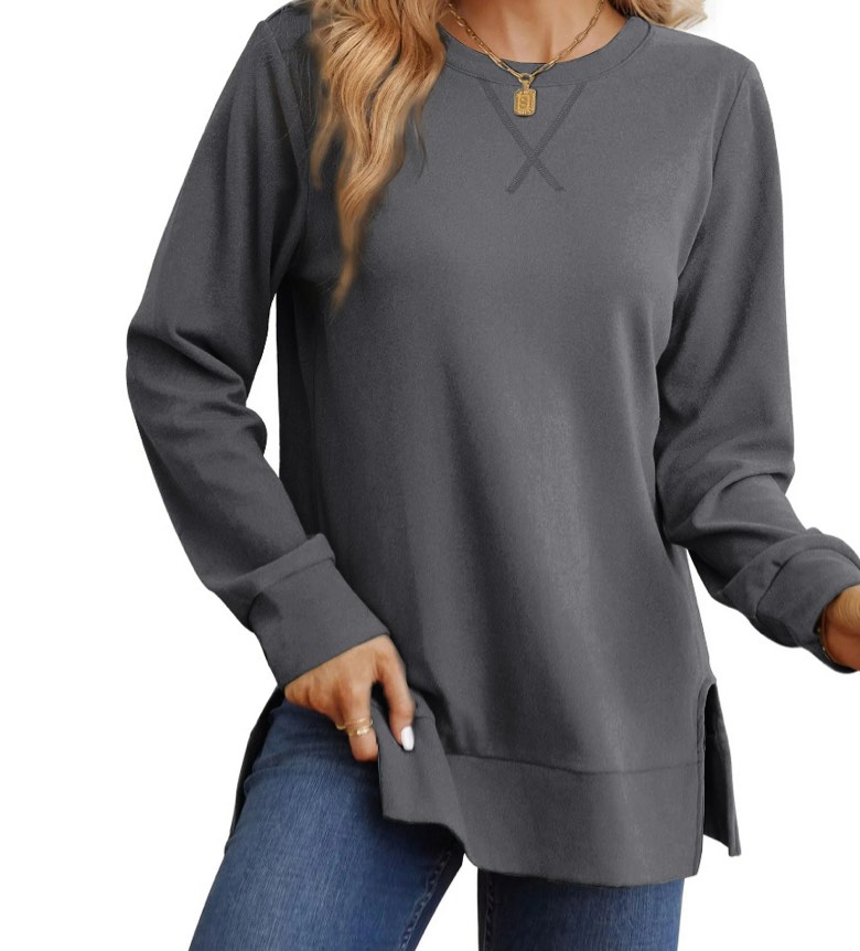 MOSHU Crewneck Sweatshirts for Women Side Split Long Sleeve Shirts Fashion Fall Womens Tops