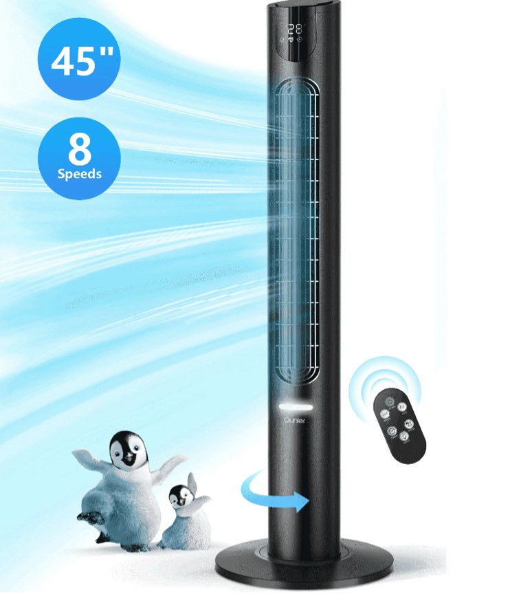 Qunler 45" Tower Fan with Remote, 8 Speed , 4 Modes, 12H Timer, Oscillation, Standing  Fan for Bedroom, Office, Home, Black
