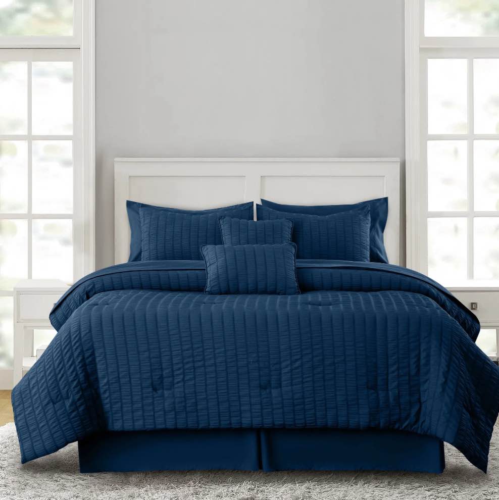 Lux Decor Collection Queen Seersucker Bedding Comforter Set – All-Season 10 Pieces Bed in a Bag Includes Comforter, Sheets, Pillow Shams, Bed Skirt & Decorative Pillows for Ultimate Comfort - Navy