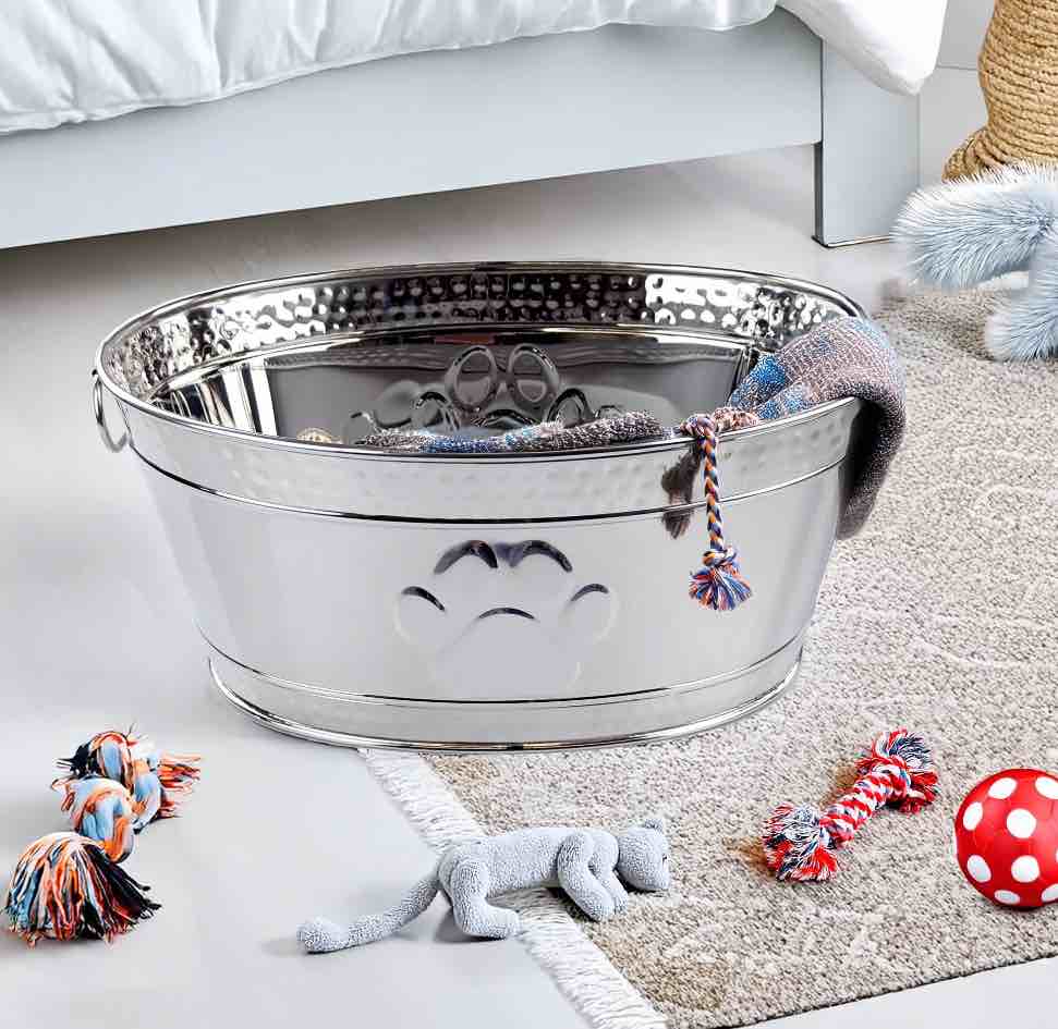 BREKX Home + Party Metal Indestructible Dog Toy Bin in Stainless Steel 18"L x 13"W x 7.5"H