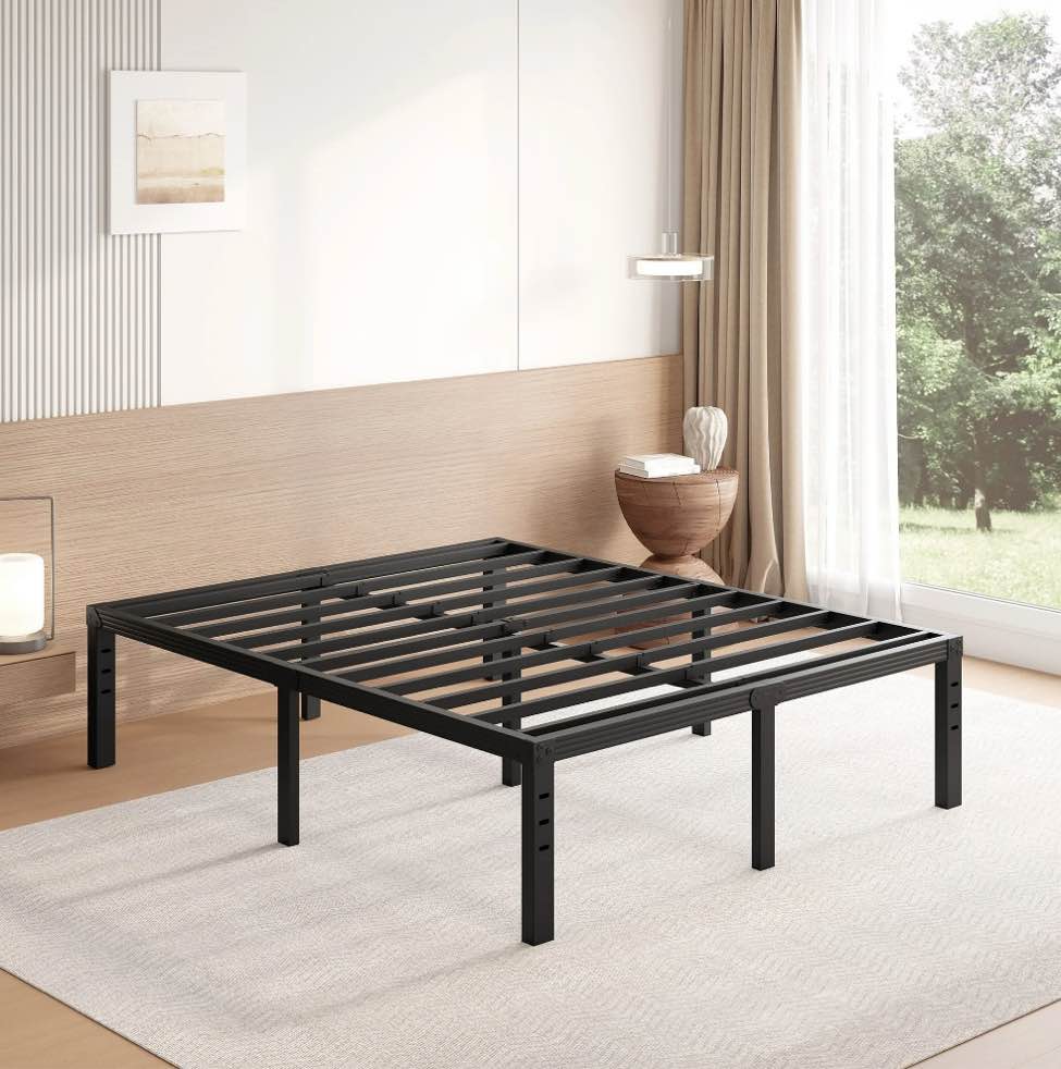 FSCHOS 18 inch Queen Size Metal Bed Frame, Heavy Duty Metal Platform with Ample Storage Space, Sturdy Construction, No Box Spring Needed