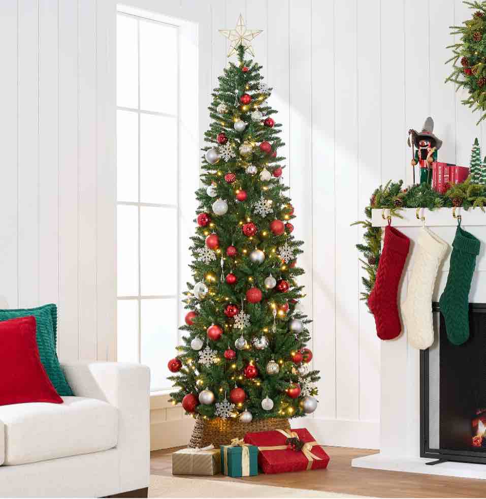 Best Choice Products 4.5ft Prelit Pencil Christmas Tree, Spruce Style Holiday Decor w/ 288 Tips, 150 Lights, Base