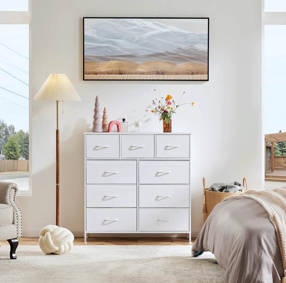 ZUNMOS Fabric Storage Dresser with 9 Drawers, Steel Frame and Wooden Top for Bedroom, Closet and Entryway , White