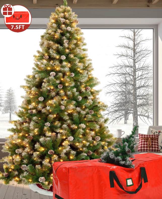 Yexmas 7.5ft Pre-Lighted Christmas Tree, 8 Modes LED Lights, Artificial Xmas Tree with Large Storage Bag