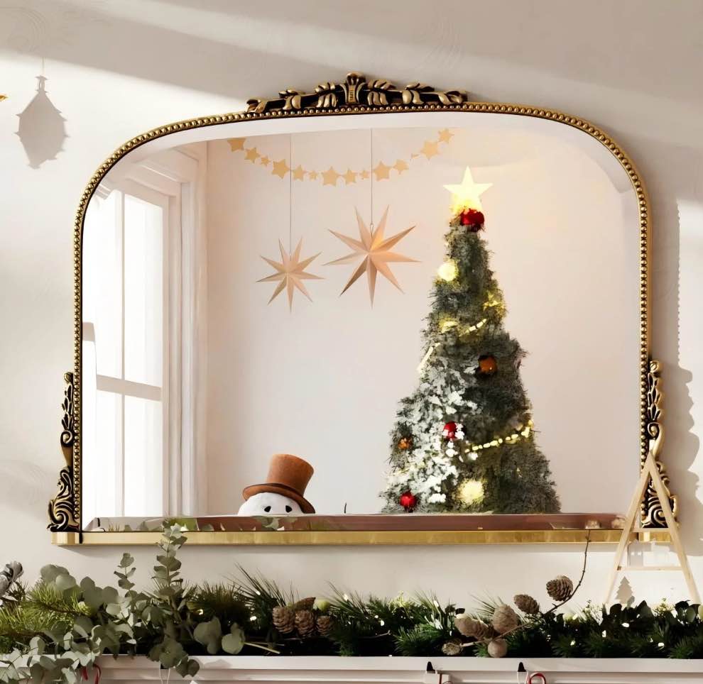 BEAUTYPEAK 44"x 32" Arched Vanity Mirror Vintage Decor Mirror Wall Mounted, Antique Gold