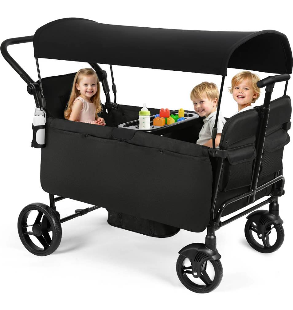 Vomeast Wagon Stroller for Kids, Spacious 4-Seater Stroller Wagon with Adjustable Canopy, Pull & Push Handle, 5-Point Harness, Foldable for Toddlers, Black