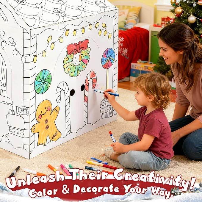Easy Playhouse Gingerbread House - Kids Art & Craft for Indoor Fun, Color Favorite Holiday Sweets & Winter Friends– Decorate & Personalize a Cardboard Fort, 32" X 26. 5" X 40. 5"