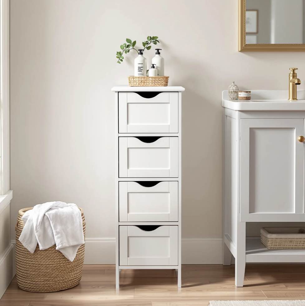 Ktaxon Bathroom Floor Storage Cabinet with 4 Drawers  Small Cabinet for Bedroom Kitchen  MDF White