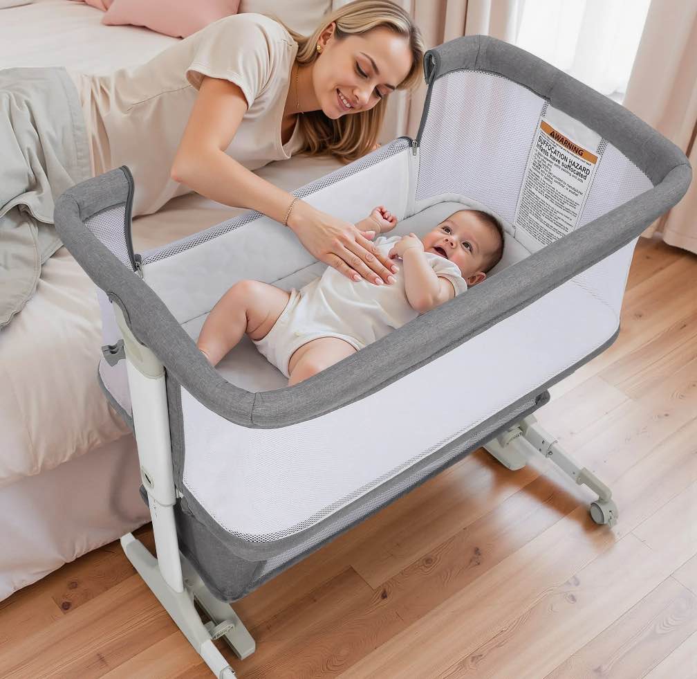 Vomeast Baby Bassinet Bedside Sleeper with Wheels, Adjustable Height, Dual-Lock, Storage Bag for Newborns Infants, Gray
