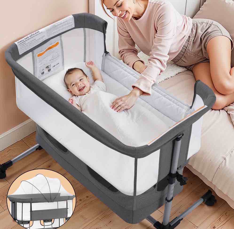 Vomeast Baby Bassinet Bedside Sleeper with Wheels, Adjustable Height, Storage Basket, Mosquito Net for Newborns Infants, Dark Gray