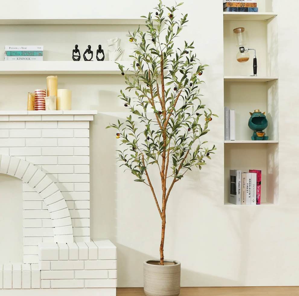 7 ft Artificial Olive Plants with Realistic Leaves and Natural Trunk, Silk Fake Olive Tree in Black Plastic Pot, Faux Olive Tree for Office Home