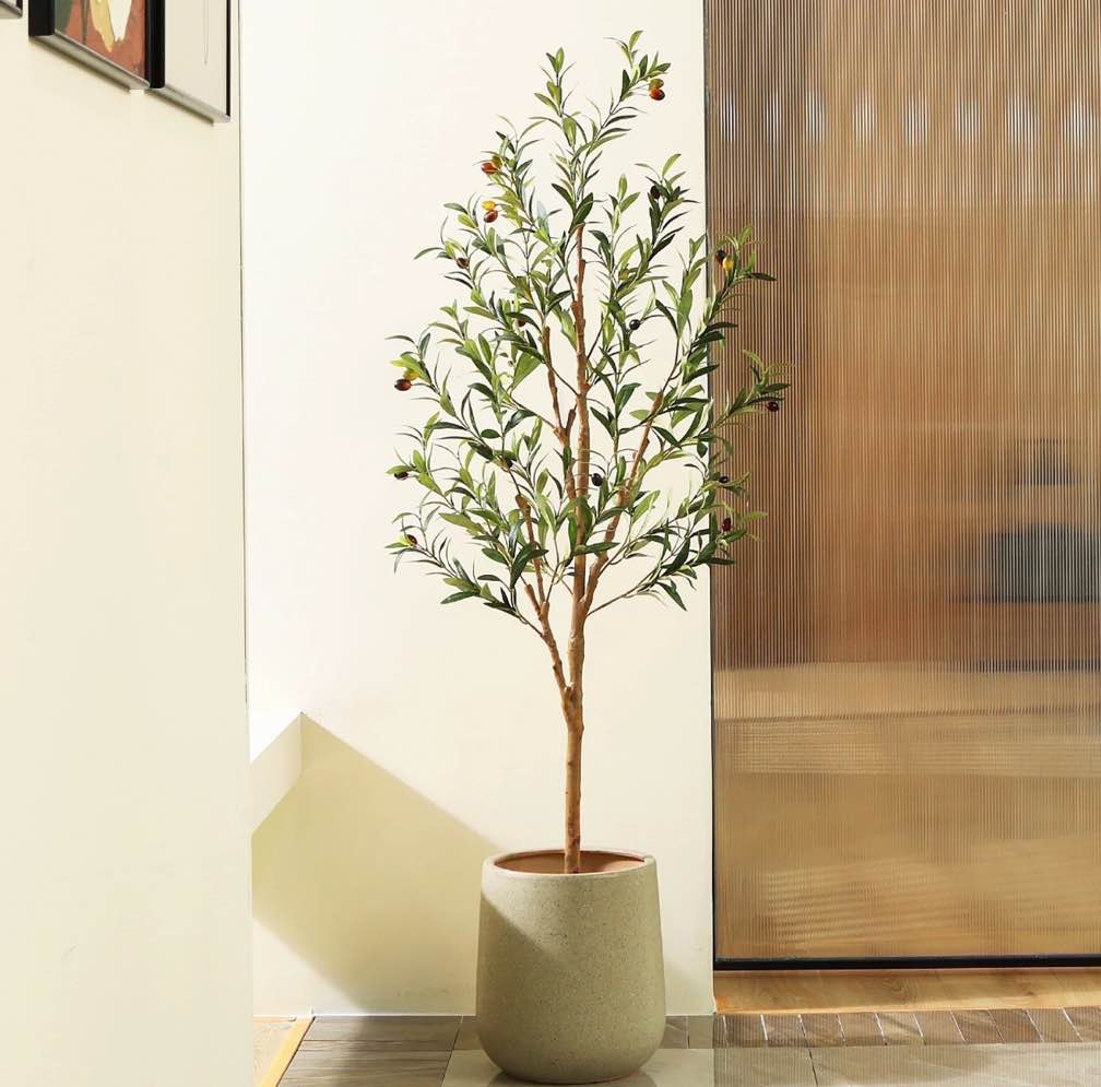 DR.Planzen 5ft Artificial Olive Tree Indoor, Tall Faux Olive Tree, Artificial Plants with Natural Wood Trunk and Lifelike Fruits for Home Office Decor