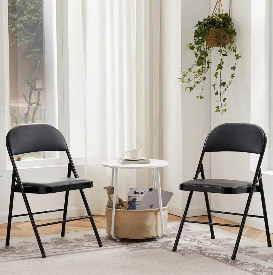 CONCETTA 2 Pack Folding Chair, Indoor Outdoor Portable Stackable Commercial Leather Padded Seat for Home, Office, Party, Black