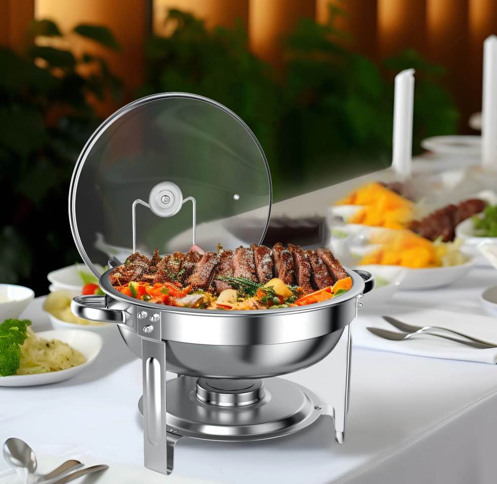 Chafing Dish Buffet Set 4 Pack  TINANA 5QT Stainless Steel Chafing Dishes for Buffet with Glass Lid & Lid Holder  Round Chafers and Buffet Warmers Sets for Parties  Events  Wedding  Camping  Dinner