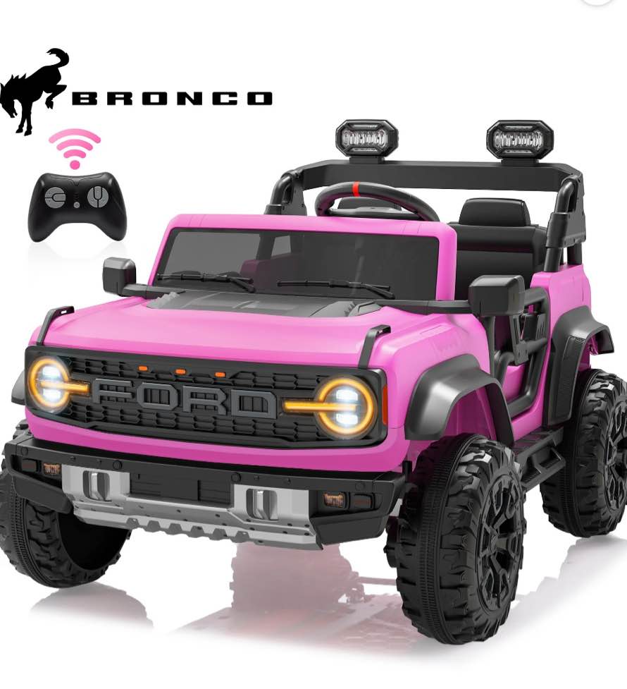 24V 2 Seater Ride on Cars, Licensed Ford Bronco Raptor Powered Ride on Toys Truck with Remote Control, 4 Wheels Spring Suspension, Bluetooth, LED Light, Electric Cars for Kids Ages 3-8 Gifts, Pink