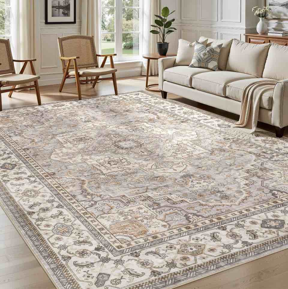 UERMEI 8'x10' Washable Area Rugs for Living Room, Vintage Floral Boho Printed Carpet, Non Slip Indoor Large Rugs for Bedroom Home Decor Carpets, with 6Pcs Rug Tape - Beige Gray