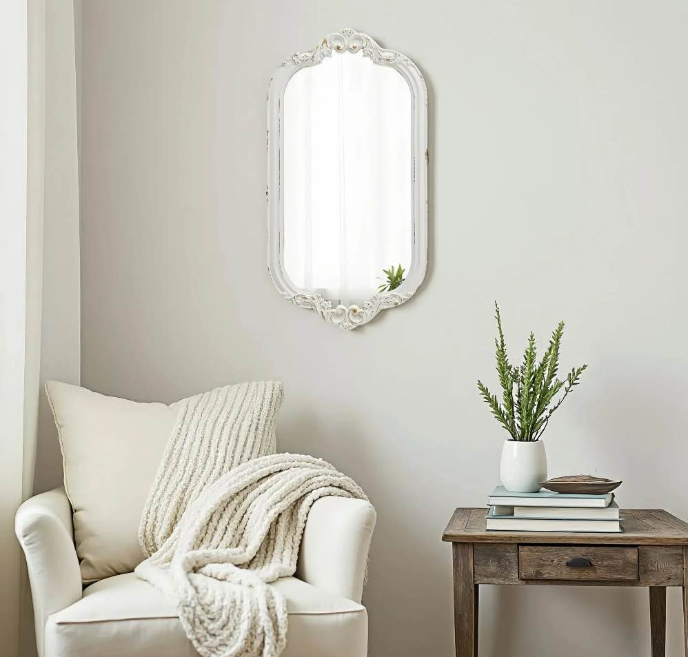 Sintosin Vintage Wood Framed Carve Mirror for Wall Decor  Hanging Distressed White Wooden Wall Mirror  Farmhouse Antique Mirror for Living Room  Bedroom  Bathroom  Entryway