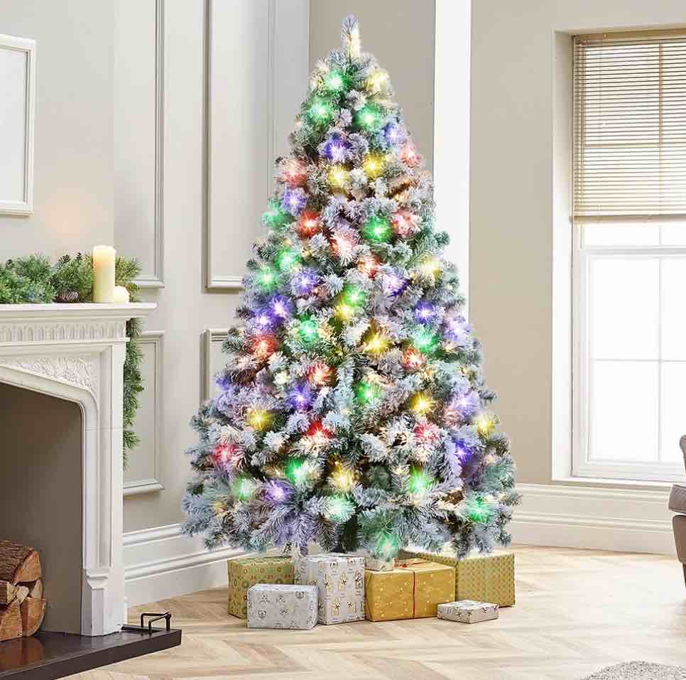 6ft Christmas Tree, Snow Flocked Pine Tree with 260 Warm-White & Multicolored Lights For Home, Office, Party Decoration