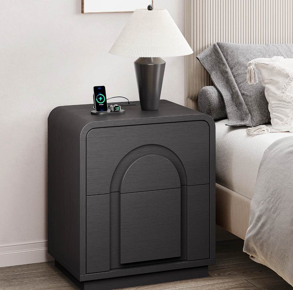 Bestier Black Nightstands Set of 2 with Charging Station,Modern Bedside Table End Table with 2 Drawer for Bedroom Living Room Dorm Office