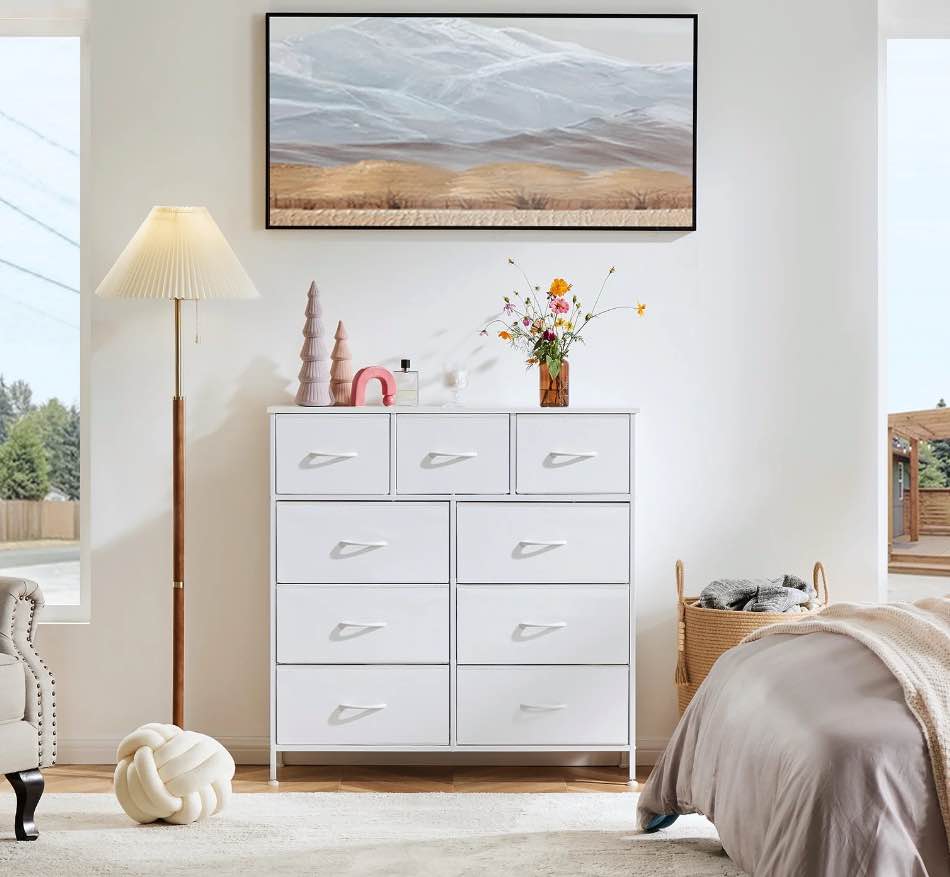 ZUNMOS Fabric Storage Dresser with 9 Drawers, Steel Frame and Wooden Top for Bedroom, Closet and Entryway , White