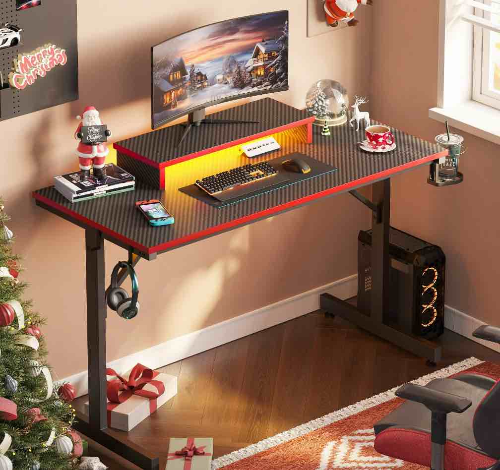 Bestier 42" Gaming Desk PC Computer Office Gamer Table Desk with LED Lights & Monitor Stand in Red