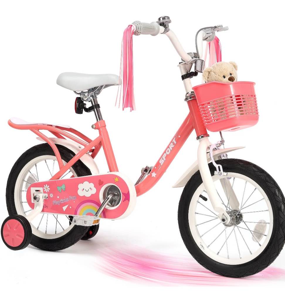Naipo 14Inch Kids Bike for 3 -8 Years Girls Boys  with Handbrake 14" Children Princess Bicycle with Training Wheels Basket Streamer Toddler Cycle Bikes Pink