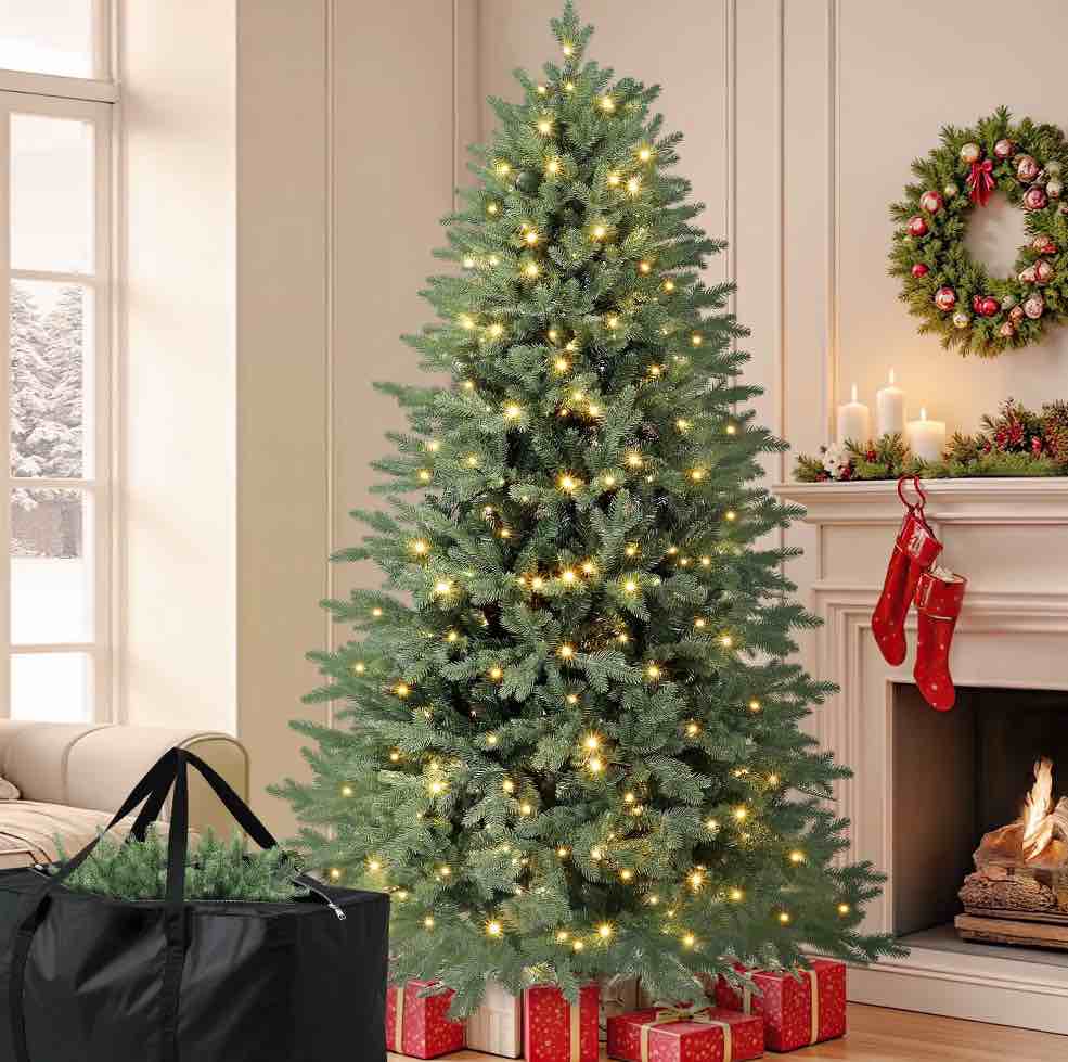 Laintene 6ft Hinged Pre-Lit Christmas Tree with 2085 PE & PVC Tips, 400 Warm White LED Lights, Artificial Fir Xmas Tree with Metal Stand & Large Storage Bag for Holiday Decoration