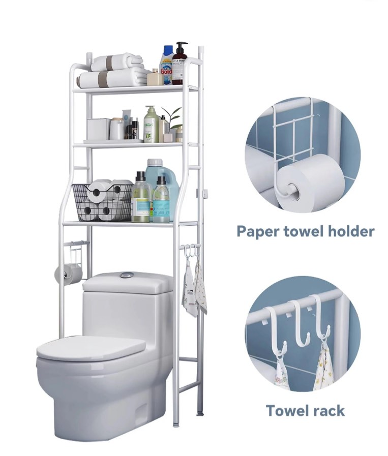 HioHa over the Toilet Storage Rack, 3-Tier Bathroom Shelf Organizer, Space Saver Corner Stand for Towels & Toiletries, 22" Wide, Metal Frame, White