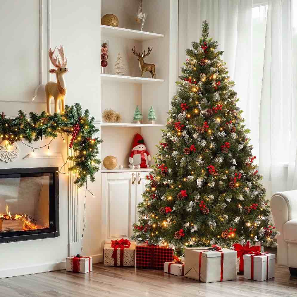 JUSTLET 7.5FT Pre-Lit Berry Christmas Tree with 300 Warm White LEDs, Snowflake & Pine Cone Decor,Easy Assembly Metal Hinges for Holiday Decorations