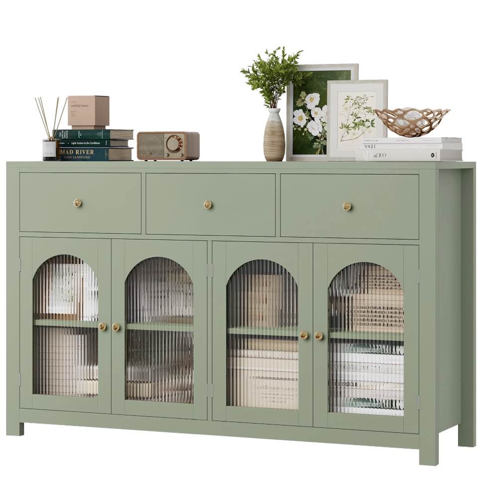 Homfa 55''Wide Buffet Credenzas, Large Dining Sideboard with 3 Drawers, 4 Glass Doors, Wood Coffee Bar Cabinet, Green