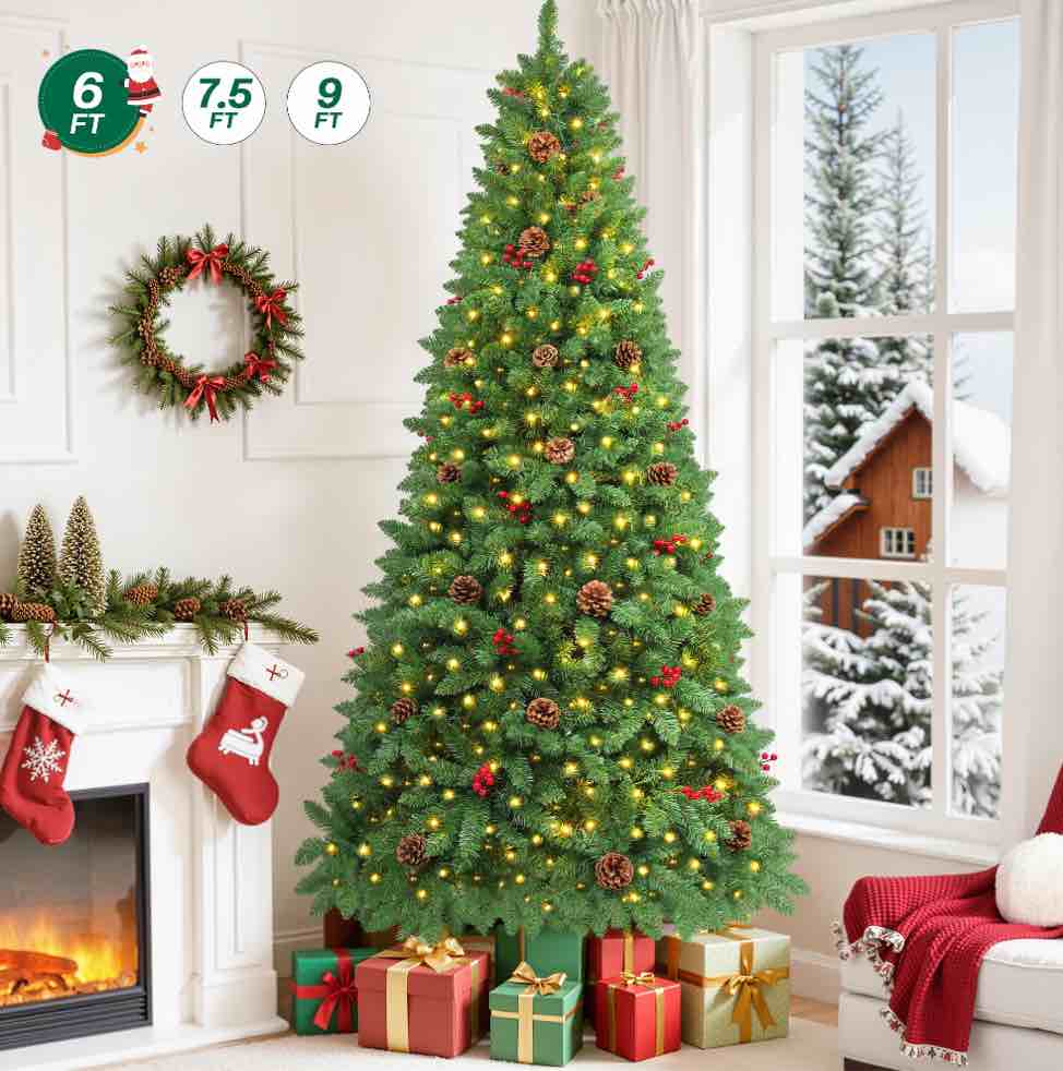 Firstness 6ft Pre-Lit Artificial Christmas Tree,Green Xmas Tree with 300 Lights and 800 Branch Tips,Pine Cones and Red Berries