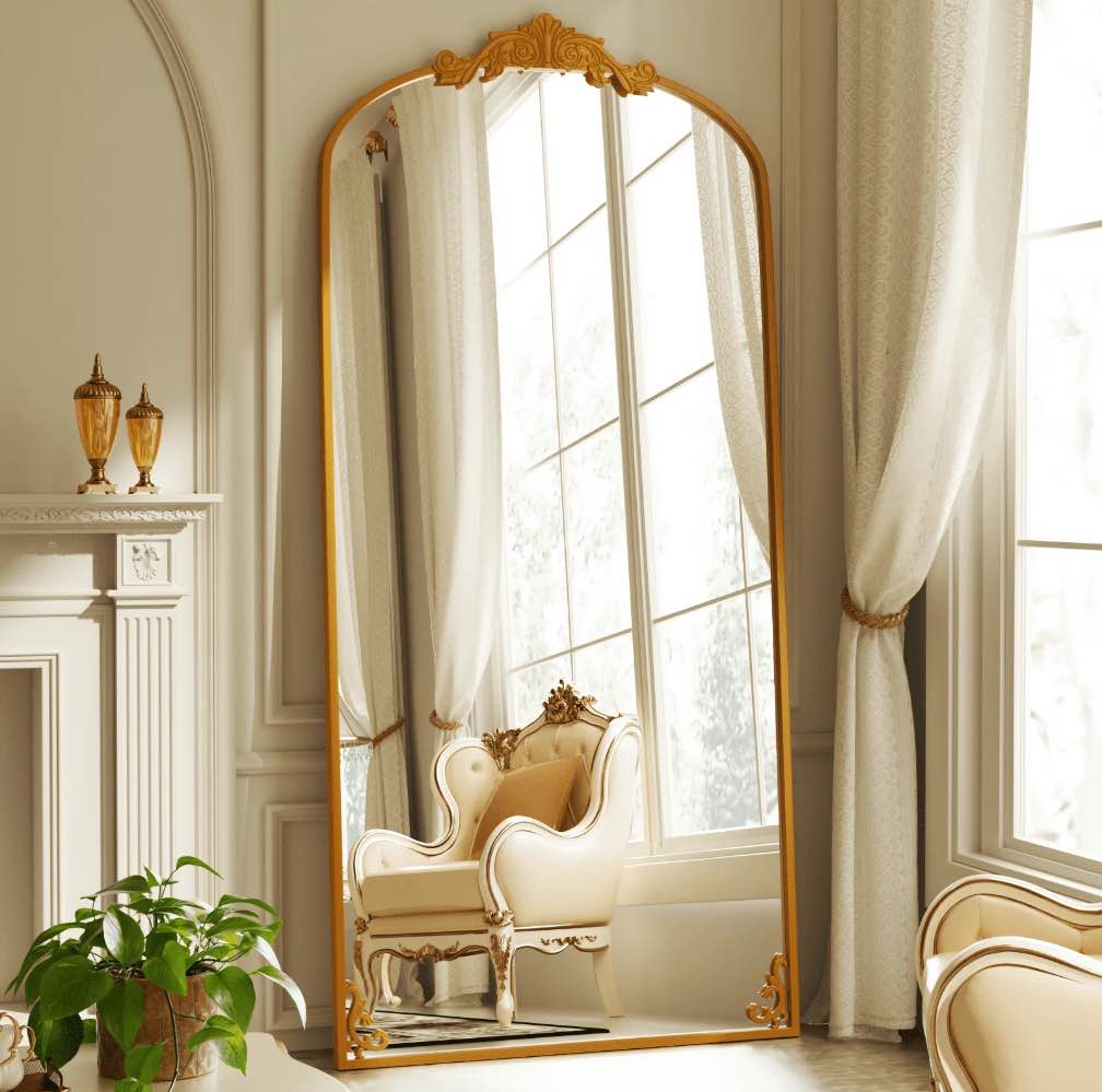 BEAUTYPEAK 74"x32" Full Length Mirror with Baroque Flower Head Design Wall-Mounted Mirror,Gold