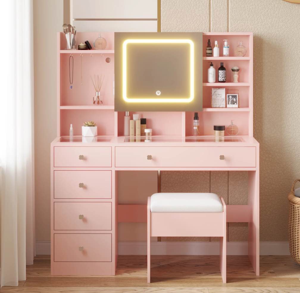 Ktaxon Large 47.2" Makeup Vanity with 3 Color Lights, Dressing Table with USB Charging Station, Light Pink