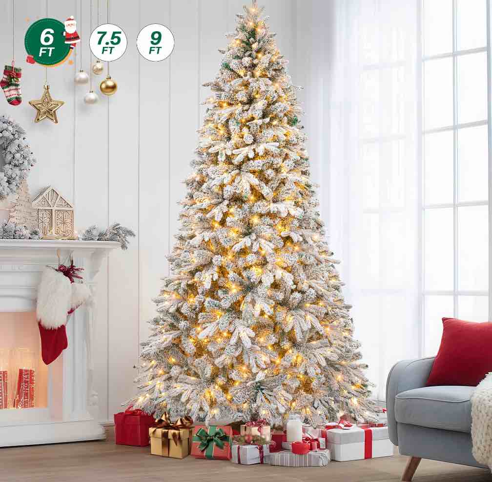 Firstness 6ft Pre-Lit Artificial Christmas Tree with 300 LED Lights,Snow Flocked Xmas Tree