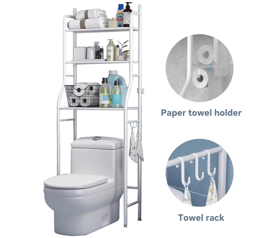 HioHa over the Toilet Storage Rack, 3-Tier Bathroom Shelf Organizer, Space Saver Corner Stand for Towels & Toiletries, 22" Wide, Metal Frame, White