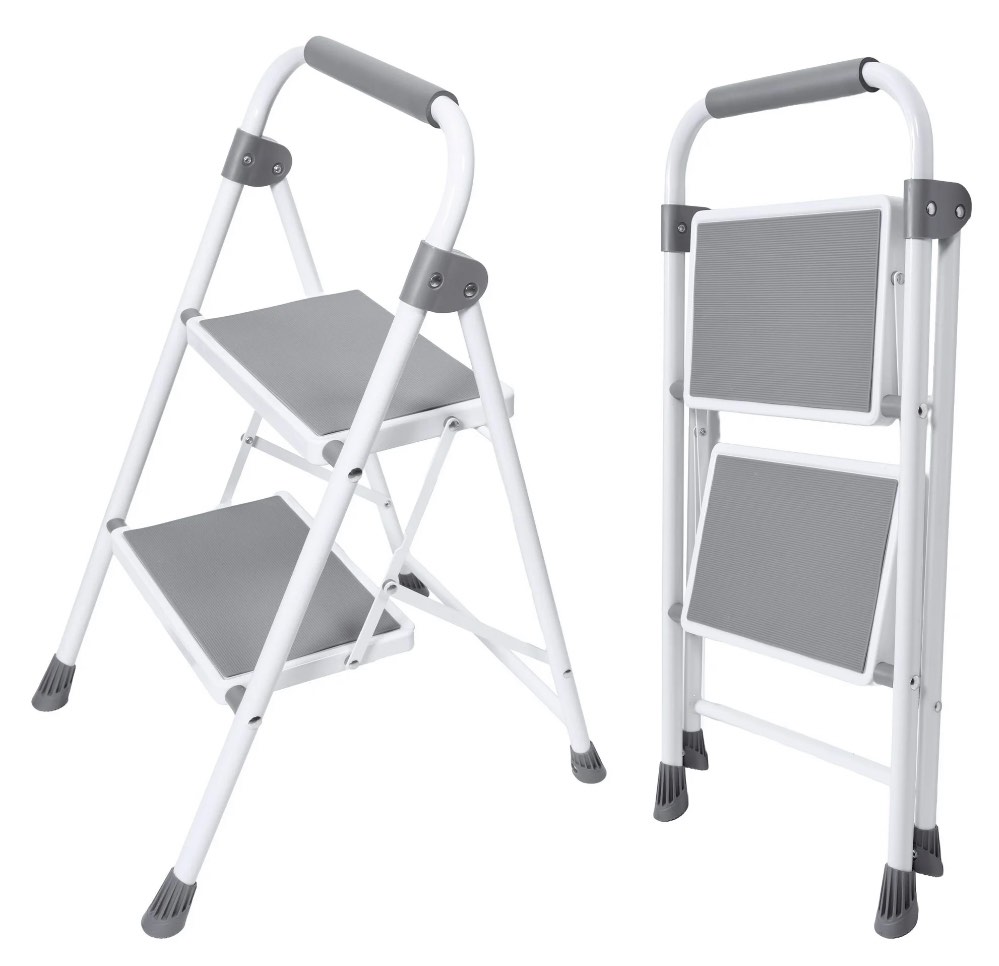 edx 2-Step Folding Step Stool for Adults - 330 Lbs Capacity, Sturdy Steel Frame, Wide Non-Slip Pedal & Top Handrail, Lightweight Portable Ladder for Home Kitchen, Gray