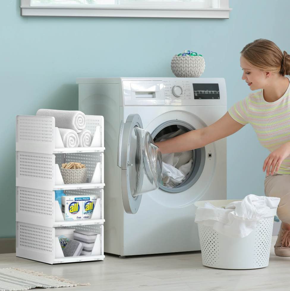 Sorbus Stackable Shelf Organizer - Set of 4 Medium Baskets for Closet Bathroom Kitchen Garage-White