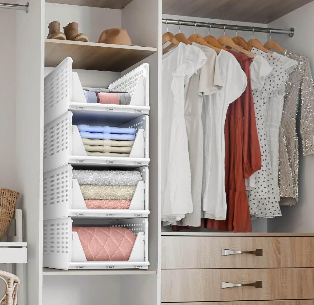 Sorbus Stackable Shelf Organizer - Set of 4 Medium Baskets for Closet  Bathroom  Kitchen  Garage-White