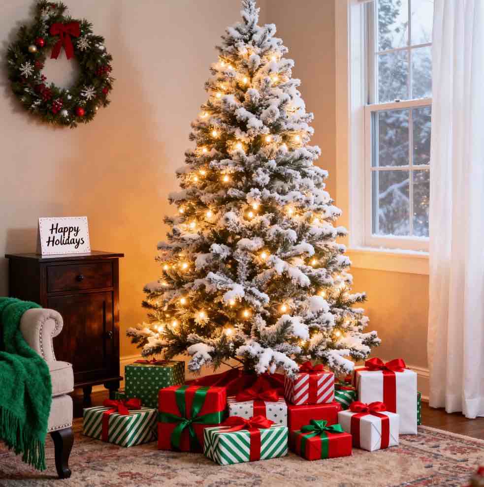 DAYBETTER 7.5ft Artificial Christmas Tree, Snow Flocked Christmas Pine Tree, with 450 Warm White Lights, 1200 White Tips Branch, Metal Stand for Xmas Holiday, Indoor and Outdoor Decor