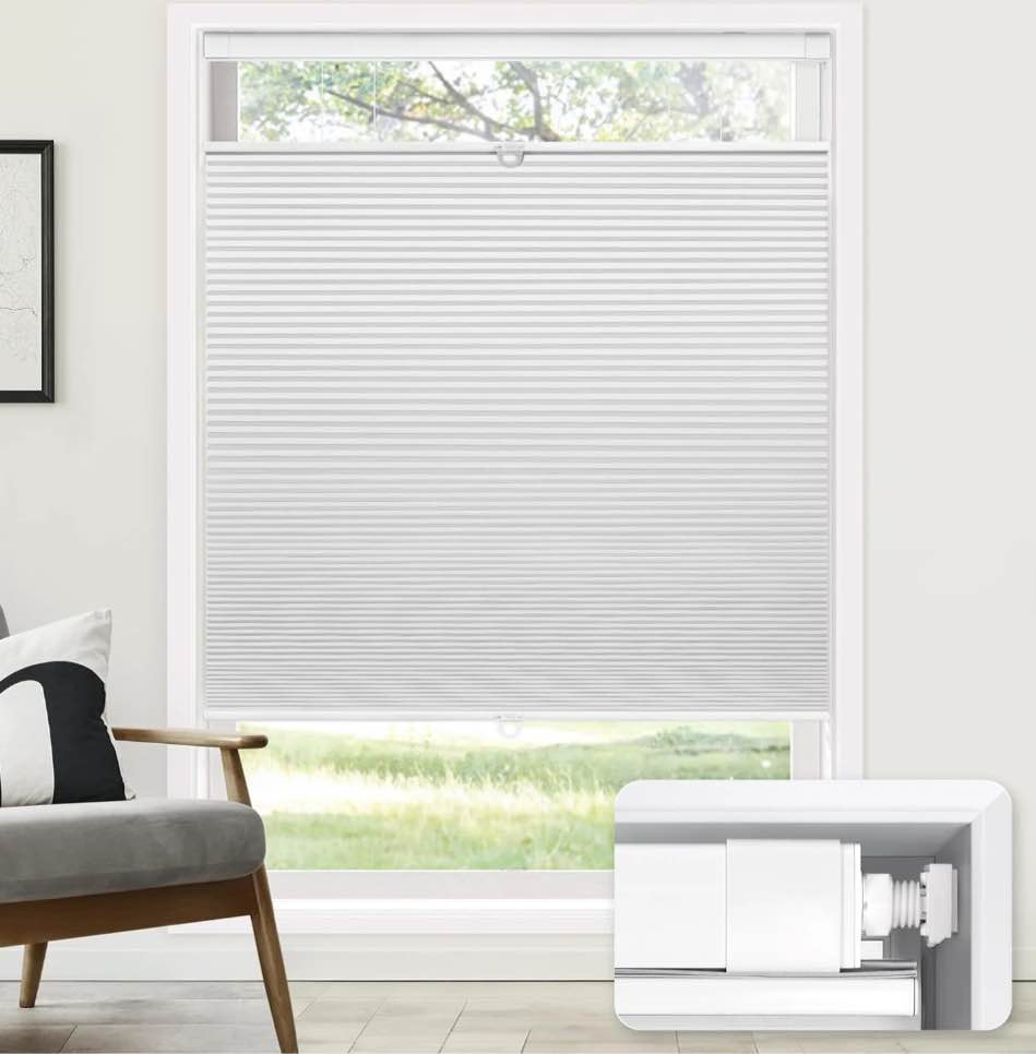 LazBlinds No Tools No Drill Cordless Cellular Shades, Top Down Bottom Up (TDBU) Honeycomb Shades for Home, Blackout Light Blocking Thermal Insulation Blinds for Windows, 30" W x 64" H, White