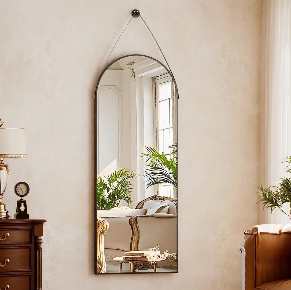 BEAUTYPEAK 48" x 16" Arched Full Length Mirror Hanging Wall Mirrors with Leather Strap, Black