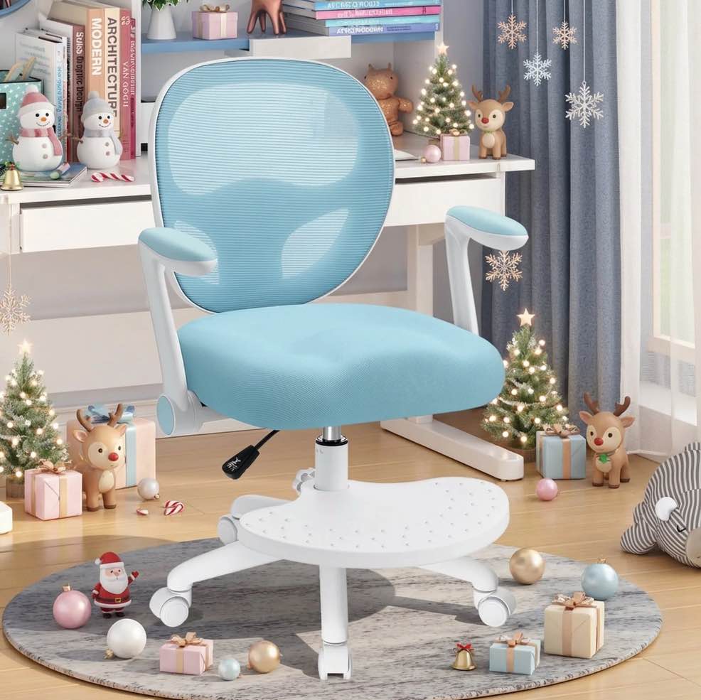 Hoffree Kids Desk Chair with Flipped Arms Wheels Ergonomic Study Chair with Footrest Adjustable Height Rolling Desk Chair for Teens Boys Girls in Study Room Grey