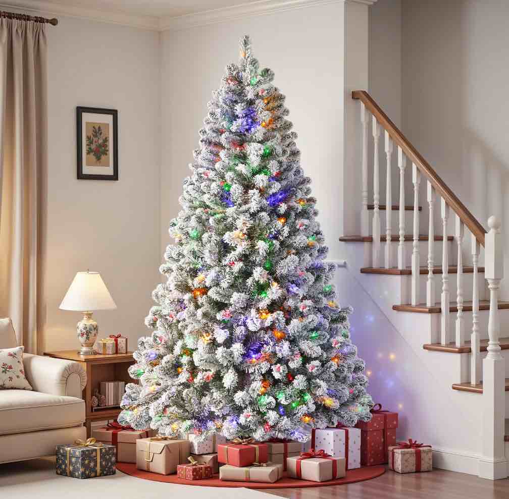 Alupssuc 5ft Pre-Lit Flocked Artificial Hinged Christmas Tree with Remote Control, Timer and 250 Warm White & Multi-Color Lights, 642 Branch Tips, Perfect Choice for Xmas Decoration, 5 FT, White