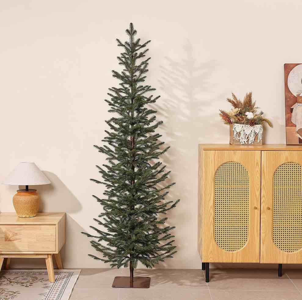 Artificial Pencil Christmas Tree 6ft PE Realistic Unlit Green - Full Branches Easy Assembly with Durable Metal Stand - Holiday Indoor Decoration for Family Home Reusable Flame Retardant