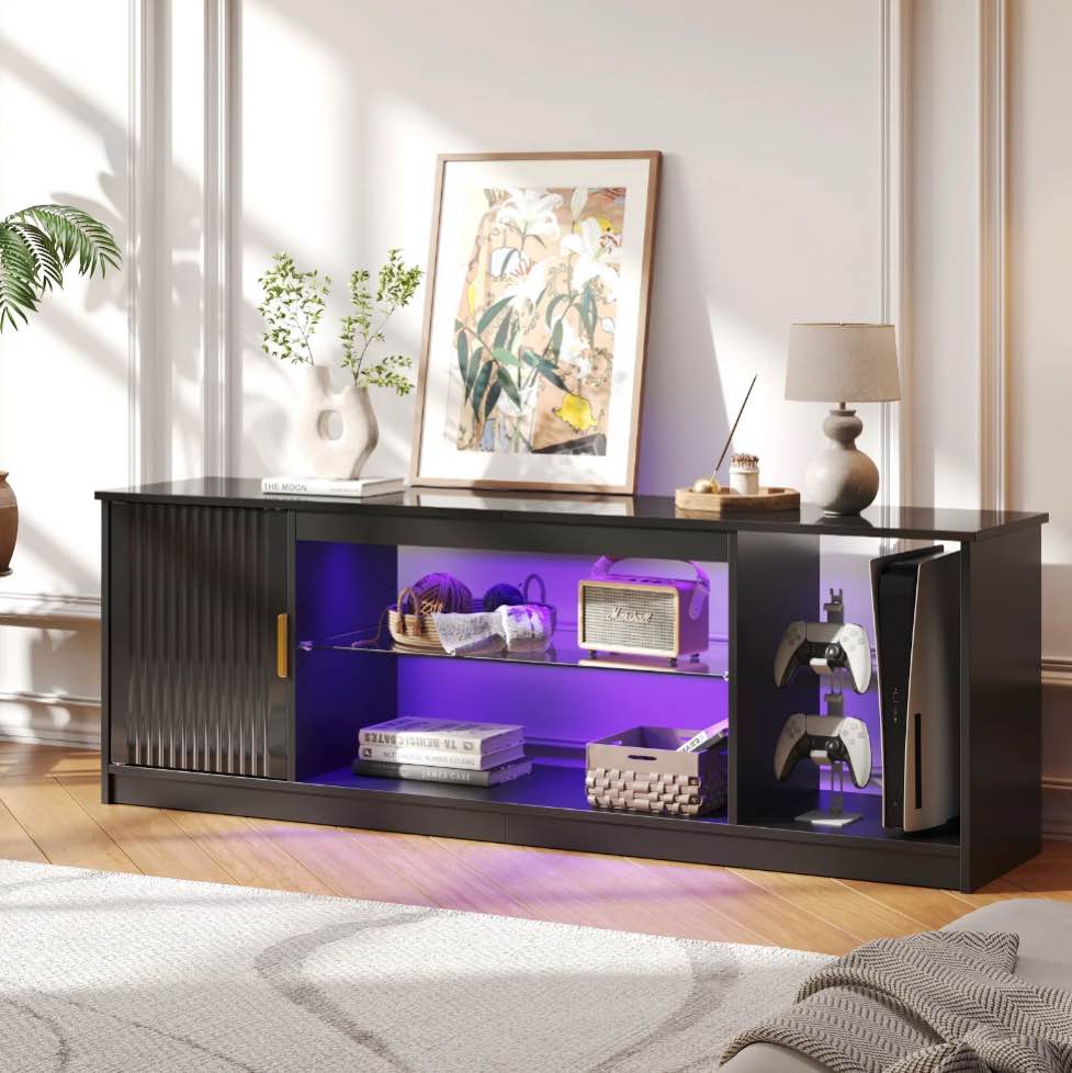 Bestier High Glossy TV Stand for 65 inch TVs with LED Lights, Fluted Entertainment Center with Storage Cabinet & Shelves,TV Console Table for PS5,Black